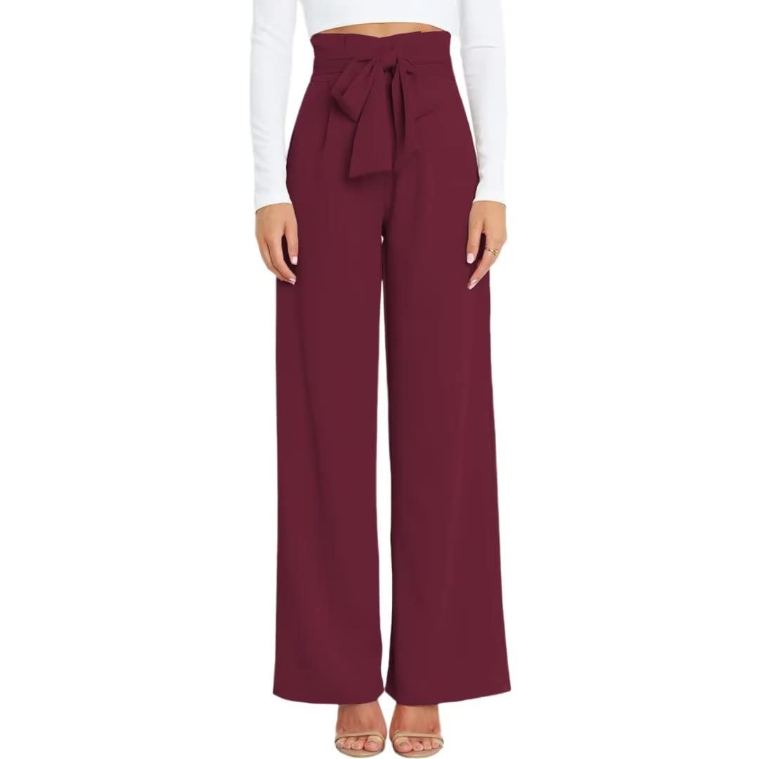 Womens High Waist Wide Leg Pants Elastic Waistband Belly Control Office Pants with Pockets for Work Casual Burgundy
