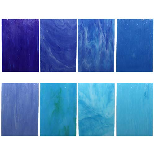 LITMIND 8 Sheets Blue Stained Glass Variety Pack, 4 x 6 inch Mosaic Tiles Glass for Crafts, Art Glass Pack, Mixed Colors Glass and Textures (Shades of Blue)