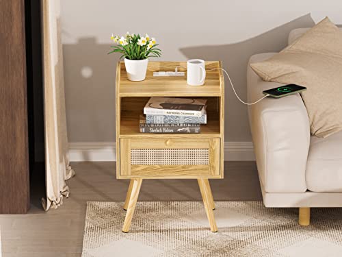Superjare Nightstands Set Of 2, Night Stands With Charging Station & Pe Rattan Decor Drawer, Bed Side Tables With Solid Wood Feet, End Table, For Bedroom, Living Room - Natural #TOP1