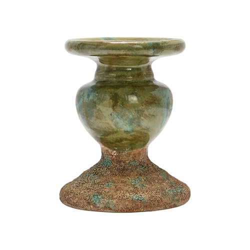 Image of Creative Co-Op 2-Tone Sculptural Terracotta Pillar Candle Holder, Distressed Green 4.5 inch W x 5.25 inch H (Pack of 8)
