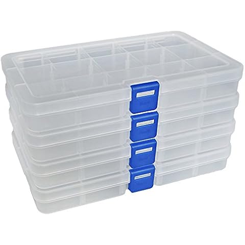DUOFIRE Plastic Organizer Container Storage Box Adjustable Divider Removable Grid Compartment for Jewelry Beads Earring Container Tool Fishing Hook Small Accessories（15 grids，White x 4） Cover