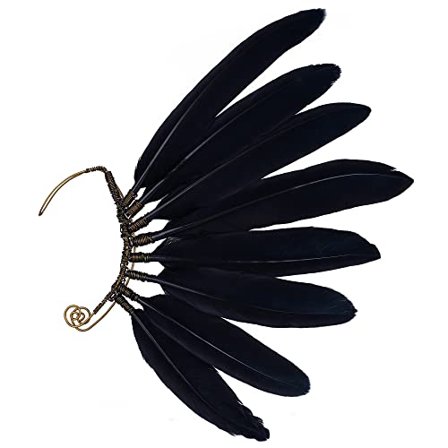 FRESHME Black Faux Feather Ear Cuffs - Indian Ethnic Plume Ear Clips Viking Tribal Earrings Bronze Wire Wrapped Fairy Elf Ear Cuffs Wraps Fantasy Jewelry for Unisex Cosplay Costume Dress Accessories