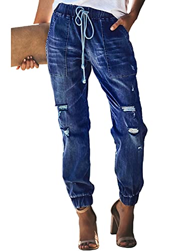 Sidefeel women distressed denim joggers elastic drawstring waist …