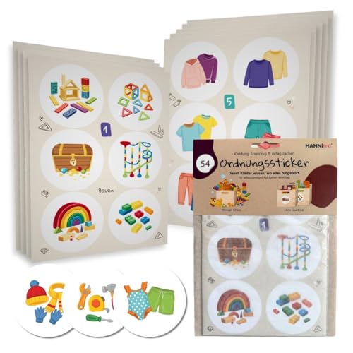 HANNIline Ordnungssticker für Kinder 52 Motive Papier Aufkleber Kinderzimmer Spielzeug Kleidung Etiketten Set für TROFAST und Holzladen 6 5 cm Durchmesser Ordnungssystem ab 3 Jahren