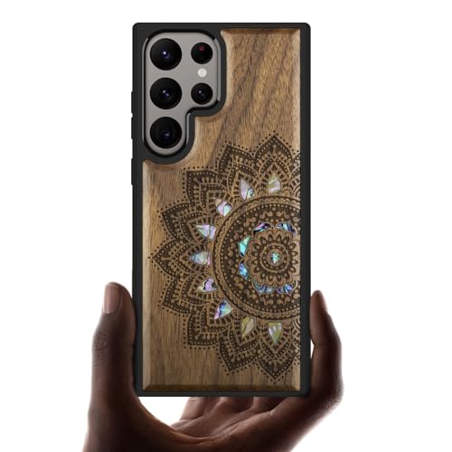 Custodia per Galaxy S24 Ultra Cover Incisione in legno e intarsio di cozze Capolavoro del design del Compatibile con Samsung S24 Noce-Arte del mandala