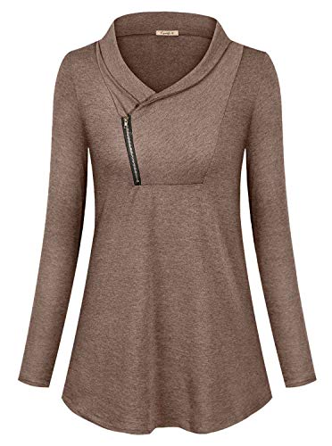 Cyanstyle Womens Casual Long Sleeve Cowl Neck Zip Lightweight Pullover Tunic Sweatshirt Tops Brown X-Large #TOP1