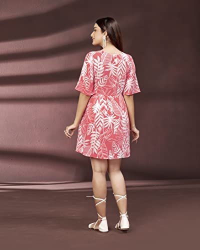 Image of DRESOUL Women's Pink Rayon Printed Party Fit and Flare Dress