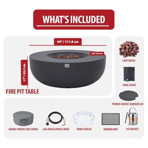 Image of AMS Creations Eclipse 44 inch Round Cast Concrete Propane Gas Fire Pit Bowl Table with Electronic Ignition | Dark Gray Smooth Texture | Outdoor Patio Heater Backyard Fireplace