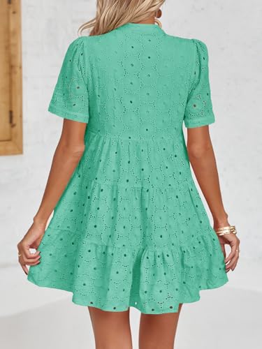 Image of Imily Bela Womens Summer Lace Dresses Eyelet Casual Flowy Babydoll Swing Short Sleeve V Neck Tunic Dress