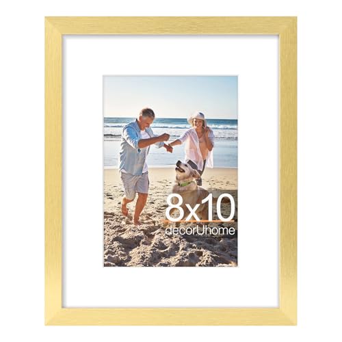 decorUhome 8x10 Picture Frame, Display Photos 5x7 with Mat or 8x10 Unmatted, Engineered Wood Frame with Plexiglass for Wall and Tabletop Display, Gold, Set of 1