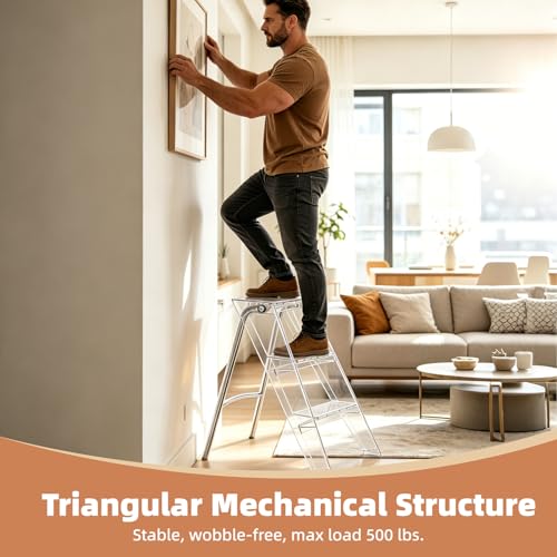 Image of Acrylic 3 Step Ladder Folding Step Stool, Anti-Slip Steps Design, 350lbs Heavy Duty Load Bearing, Stable Support Frame, Portable Safety Acrylic Ladder (Transparent)