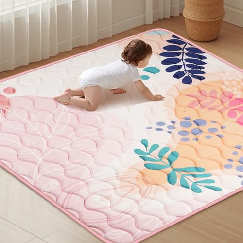 Image of Haleeone Baby Play Mat for Floor 50'' x 50'', Thicken Soft Padding Playmats for Playpen, Non Slip Baby Crawling Mat Foldable, Easy Care Machine Washable, Pink