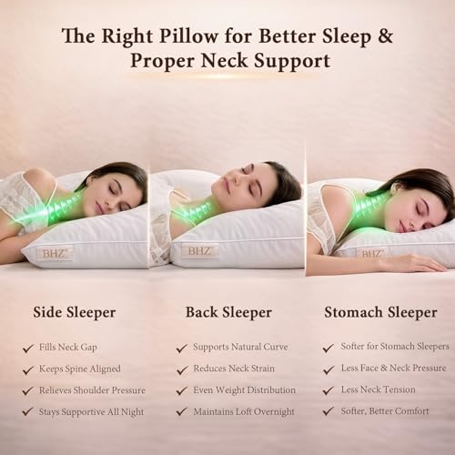 Image of BHZ Goose Down Feather Pillows Queen Size Set of 2, Hotel Collection Bed Pillows for Sleeping Medium Firm Soft Support Pillow for Side and Back Sleepers