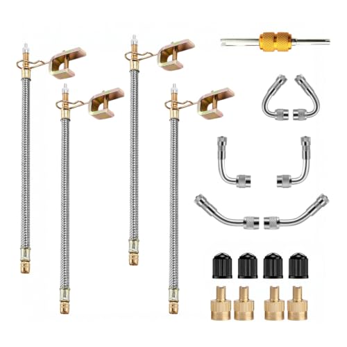 Image of Bouzuny 4PCS Valve Stem Extenders, 7" Flexible Stainless Steel Braided Extension, 6PCS Brass Valve Adapters 45 90 135 Degree, Universal for RVs Trucks Motorhomes Trailers Motorcycles