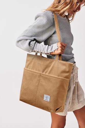 Image of KALIDI Women Corduroy Tote Bag Zipper Casual Tote's Handbag Big Capacity Shoulder Bag with Pockets