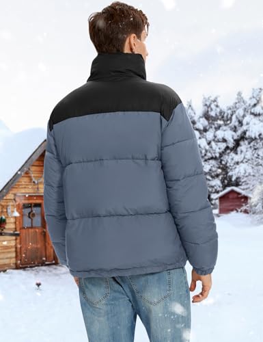 Image of PEHMEA Men's Puffer Jacket Stand Collar Zipper Coat with Pockets Retro Bubble Outwear for Winter