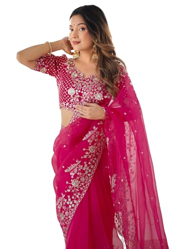 Image of SIRIL Women's Organza Sequence Embroidery Saree With Unstitched Blouse Piece