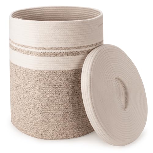 Rieeyrslza Wäschekorb für Decken mit Deckel 58L Gewebter Baumwoll Seil Korb Baumwolle Seil Wäschesammler mit Hohler Grif...