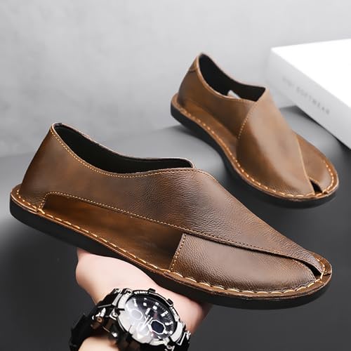 Soulario Leather Sandals for Men, Sofe Sole Flat Cut-Out Sandals Summer Outdoor Comfortable Slip on Walking4