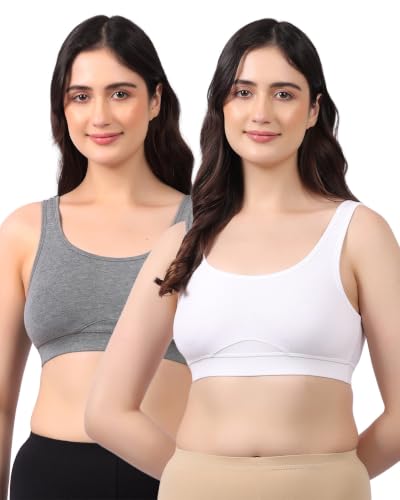 Image of Lavos Bamboo Cotton Comfort Sleeping Bra for Women, Slip On Bras to Wear at Home, Non-Padded & Non-Wired Sports Bras, Full /High Coverage, Soft Comfortable & Breathable Broad Strap Bra (Pack of 2)