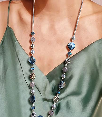 FULU AUTUMN Long Beaded Necklaces for Women Silver Link Chain Necklace with Shell Crystal Beads, Party Gifts for Her4
