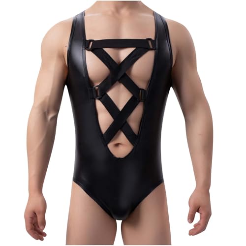Cambkatl Men's Faux Leather Wrestling Singlet Jockstraps Corssover Sissy One-Piece Jumpsuit Stretch Leotard Bodysuit