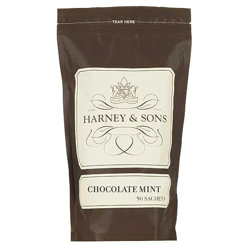 Image of Harney & Sons Chocolate Mint Black Tea Sachets, 50 Count | Chinese black tea with chocolate, vanilla, and peppermint. 50 whole leaf sachets. Contains caffeine.