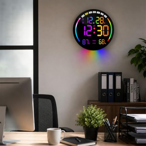Image of HOME SKILL 10 inch RGB Digital Alarm Wall Clock Table Clock with Remote, Auto Dimmer,Temperature, Humidity, Dual Alarms, for Living Room, Gym, Garage, Gift, Home Decor (RGB Round WALL Clock)