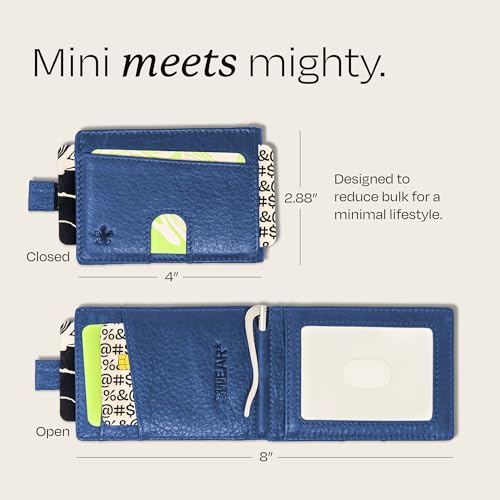 Image of Swear Brands Full Grain Leather Wallet with RFID Blocking & Money Clip - Minimalist Bifold Wallet Holds 12 Cards - Easy Access Pull Tab - Ethically Sourced (Blue)