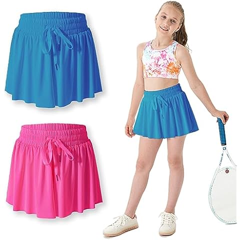 Butterfly Shorts Girls Red Flowy Shorts 11-12 Years，2-in-1 Acid Blue Athletic Shorts for Teens Girls with Spandex Liner and Big Side Pocket for Fitness, Running, Sports Magenta&Acid Blue L Cover