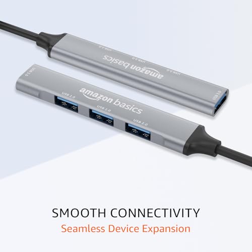 Image of Amazon Basics 4-in-1 USB C Hub, Type C Multiport with 1 x USB 3.0 & 3 x USB 2.0 Ports, up to 5 Gbps High Speed Data Transfer for Laptop, MacBook, PC (Grey)