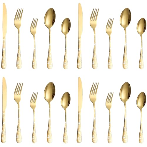 Image of aDai Aurum Gold Silverware Set | Satin Finish 20-Piece Flatware Set with Unique Floral Printed Handle | Dishwasher Safe Stainless Steel Cutlery for Home, Restaurant & Gifting