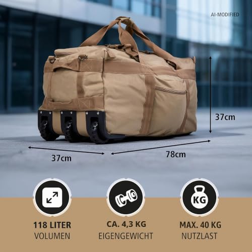 Mil-Tec Kampftrageseesack mit Rollen (118L Volumen) • Große Reisetasche mit 3 Rollen & Rucksackfunktion • Ideal als Rucksack Trolley, Seesack, Einsatztasche, Camping- oder Sporttasche • Coyote
