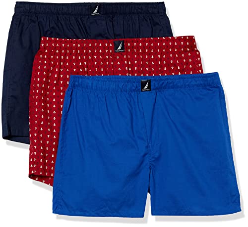 Nautica Cotton Woven 3 Pack Boxers Bóxer, Peacoat/Bright Cobalto/Anchor Print Red, M (Pack de 3) para Hombre