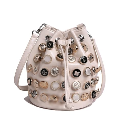 Stylish Button Embellished Leather Bucket Bag for Women, Large Capacity Drawstring Hobo Handbags Organizer Crossbody Purse
