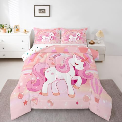 Image of Erosebridal Unicorn Bedding Set for Girls King Kawaii Rainbow Unicorn Comforter Set Unicorn Bedroom Decor for Girls Kids Cartoon Horse Duvet Set Ombre Unicorn Stars Quilt Comforter Pink 3 Pcs