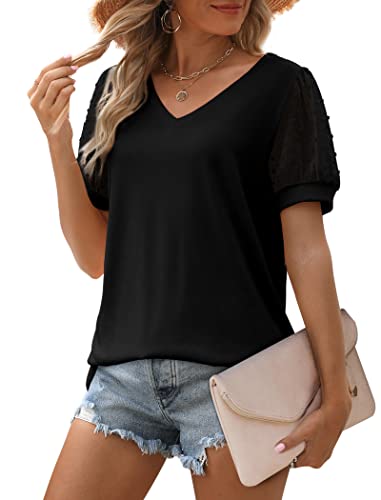 Image of Aokosor Womens Summer Tops V Neck T Shirts Swiss Dot Puff Sleeve Tops Loose Casual Tshirts