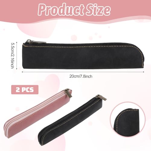 Image of simarro Leather Pencil Case, 2pcs Small Pencil Pouch Portable Zipper Bag Cute Slim Makeup Bag Soft Simple Office Stationery Pouches for Women Men Markers Change Coins(Black+Pinke)