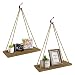 Y&ME Wood Rope Hanging Floating Shelves Set of 2, Rustic Wall Hanging Shelf with 4 Hooks,Wood Hanging Shelf for Living Room Bedroom Bathroom and Kitchen 17" x 8" x 0.7",Gray Shelf