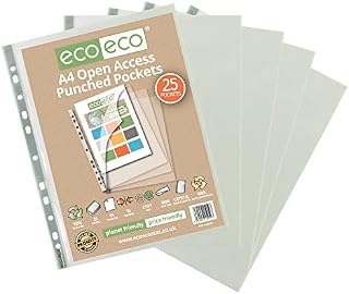eco-eco 100% Recycled Premier Multi Punched Pockets Glass Clear, Open Top and Side, Transparent Poly Wallet Sheet Protector, 90 Microns (Pack of 25), Grey, A4