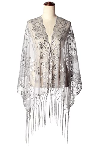Image of BABEYOND 1920s Sequined Shawl Wraps for Women Fringed Evening Cape Wedding Bridal Shawl Scarf for Evening Dresses Party