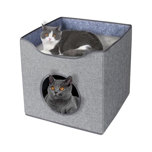 Stilvolles Katzenhaus Grau - 40x38x40 cm, inkl. 2 Matratzen und Liegefläche auf dem Dach - Katzenbettchen, Katzenzubehör, Katzenspielzeug