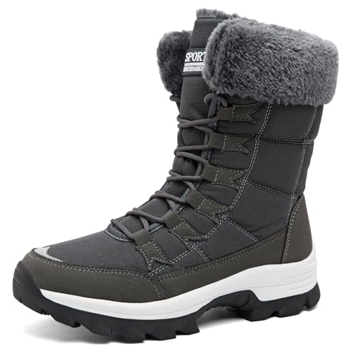VLOOKST Bottes Femme Bottes de Neige Bottines de Hiver Étanche Botte de Randonnée Chaussures Montantes de Randonnée Bottine de Neige Fourrure Chaussure de Hiver Noir Gris Taille 38