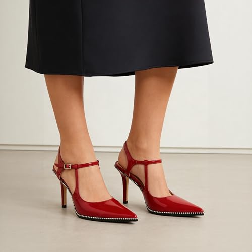 Image of SAMMITOP Womens High Heels Ankle Strap Pointed Toe Stilettos Patent Leather Beaded Pumps Dress Shoes 3.5 Inch