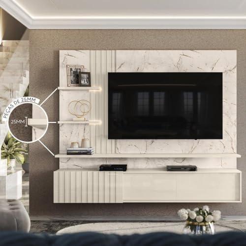 Painel para Tv até 65 Polegadas Led Ripado 2 Portas Atena Madetec Calacata/off White