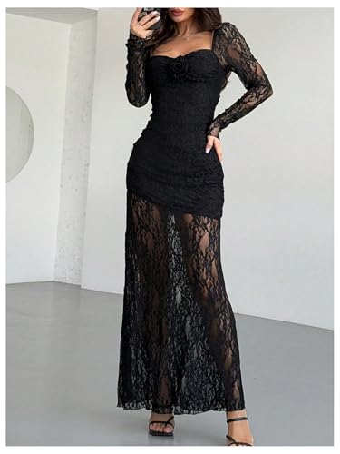 GORGLITTER Women's Lace Flower Bodycon Maxi Dresses Elegant Classy Long Sleeve See Through Cocktail Birthday Goth Dress3