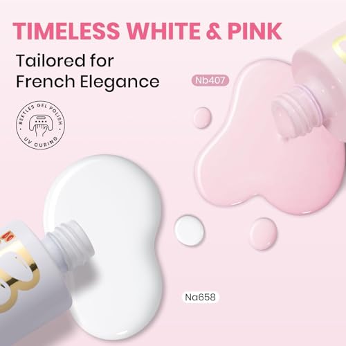 Image of Beetles French Tip Gel Polish - Blush Moonlight, 2 Colors HEMA-Free Summer White Pink Gel Nail Polish Set 15ML with Styles Stickers, Same Color Bottle, Soak Off UV LED Nails