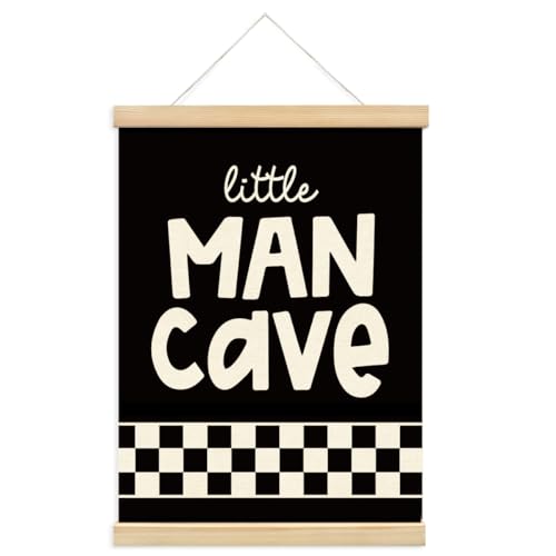 Image of PLKMN Boy Nursery Decor - Little Man Cave Sign for Boys' Room, Framed Poster, 12x16 Inch