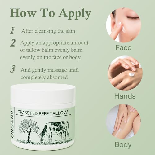 Beef Tallow, Tallow Face Moisturizer, Beef Tallow for Skin, Unscented 100% Organic Beef Tallow Blam Grass Fed Finished Whipped Tallow Face Cream Moisturizer Body Lotion Skin Care for Sensitive Skin