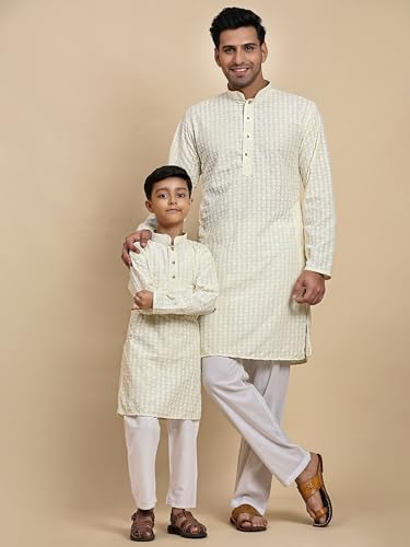 Image of Pro-Ethic Style Developer Men Silk Striped Father Son Matching Ethnic Wear Embroidery Mirror Work Kurta Pyjama Set |(Combo)B-117